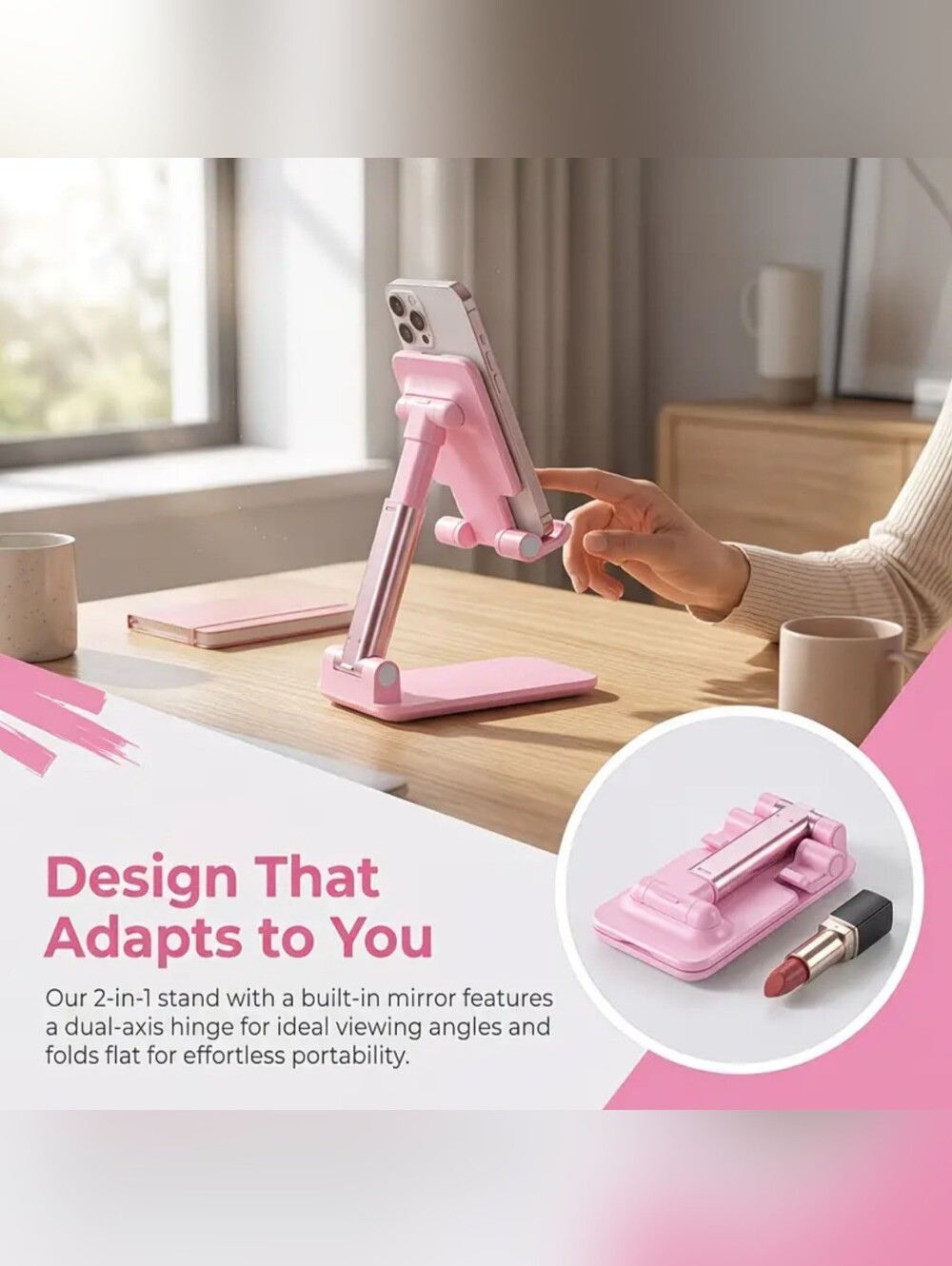 Adjustable Pink Tablet & Phone Stand - Portable Desktop Holder W/Makeup Mirror!! - Picture 5 of 8